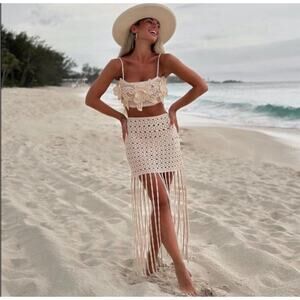 Zara Crochet Knit Fringed Skirt New Small S Ecru Bohemian Frills Swim Cover-up